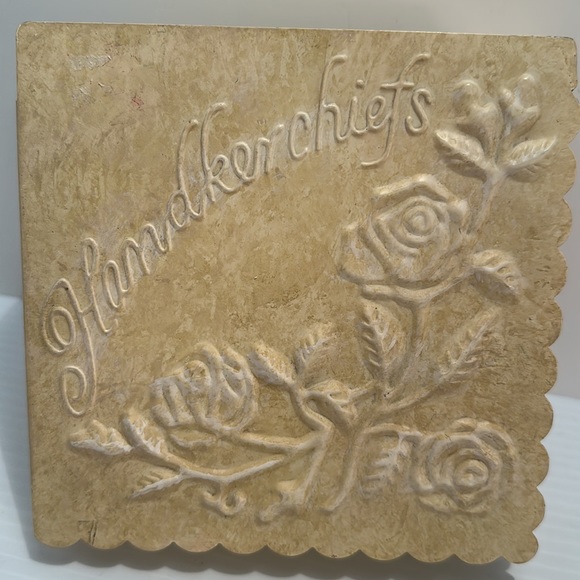 Embossed “HANDKERCHIEFS” Metal Storage Box  Creamy Beige 6” Square - Picture 2 of 6